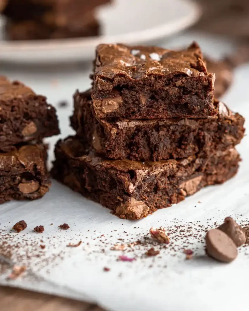 Brownies squares stacked on top of each other with chocolate chips scattered around them