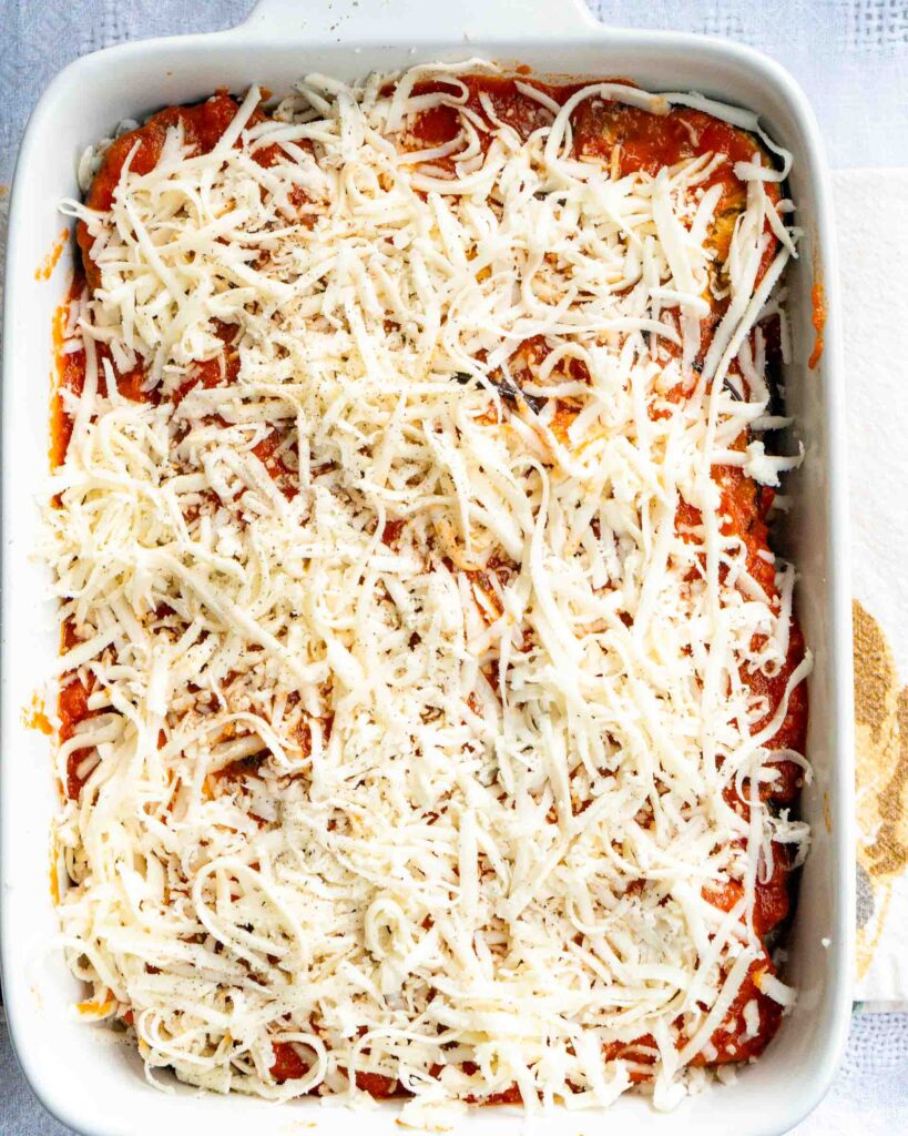 Eggplant parmesan topped with shredded mozzarella