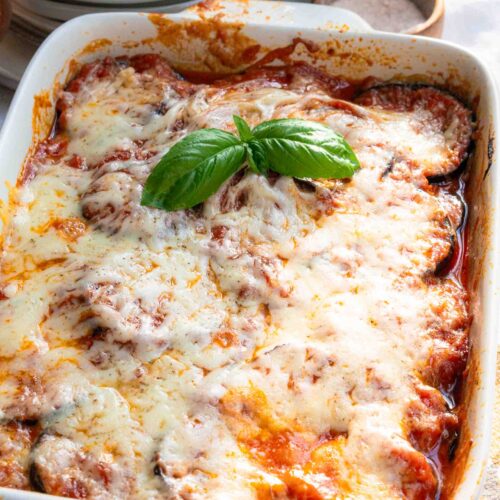A baking pan of eggplant parmesan.