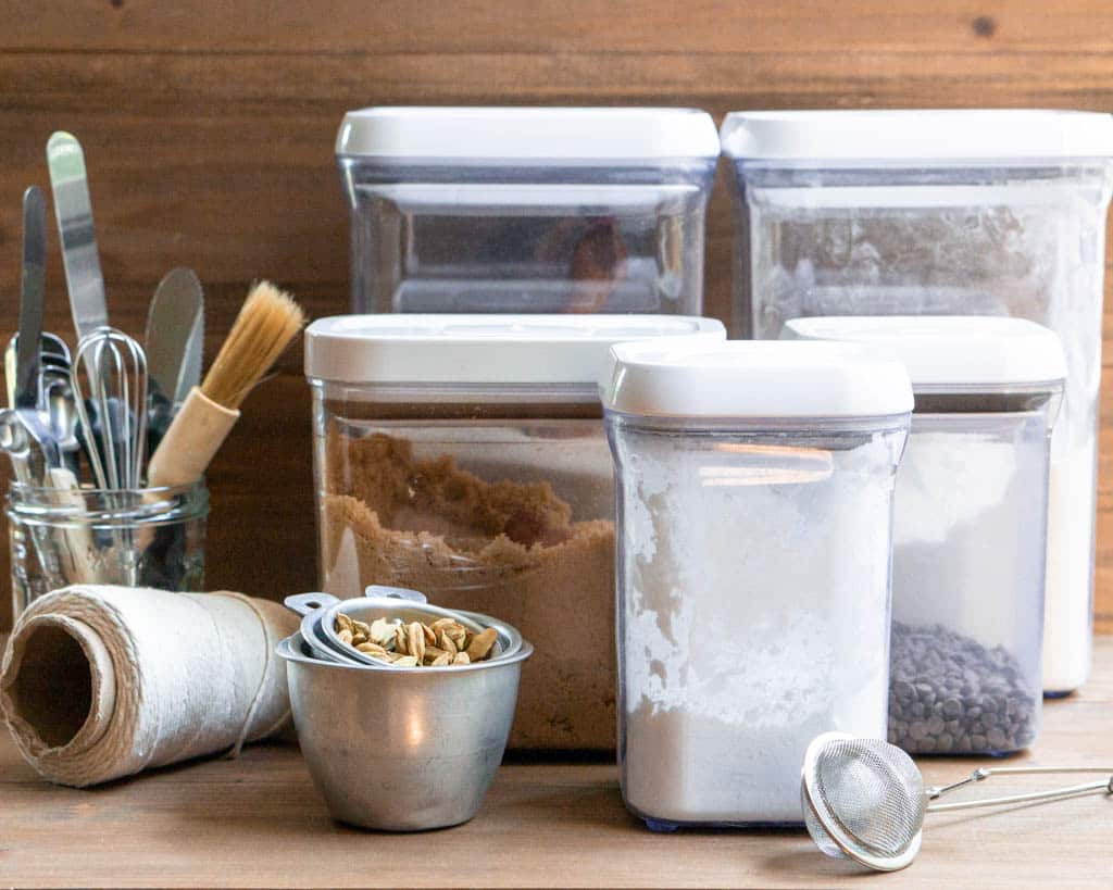 filled storage containers with baking supplies