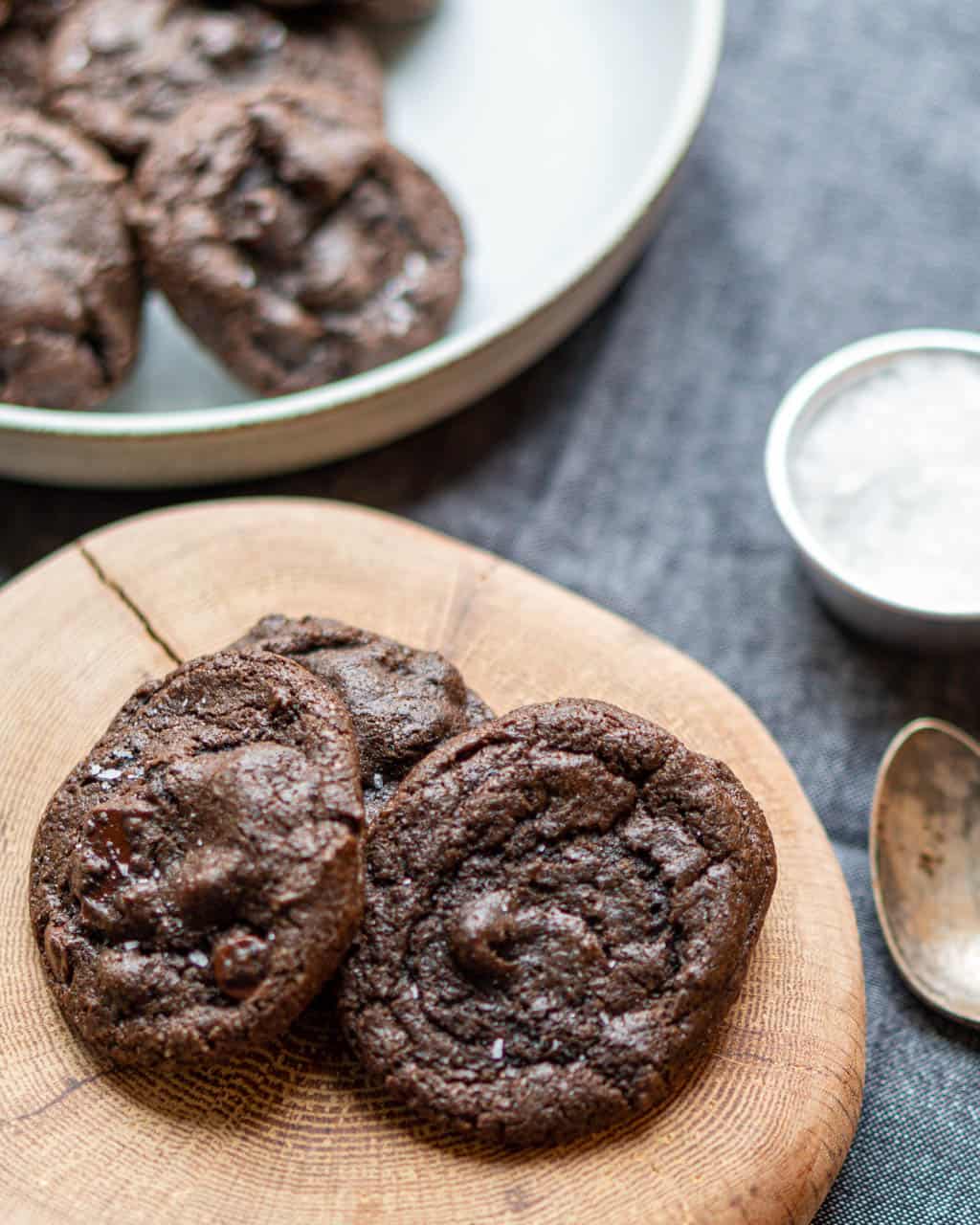 Gluten-Free Double Chocolate Chip Cookies On Wood Tray