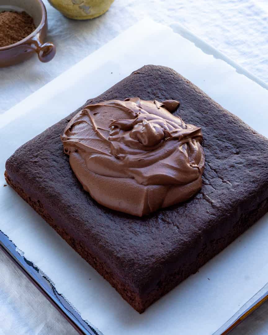 A square chocolate cake with a pile of chocolate frosting piled to top