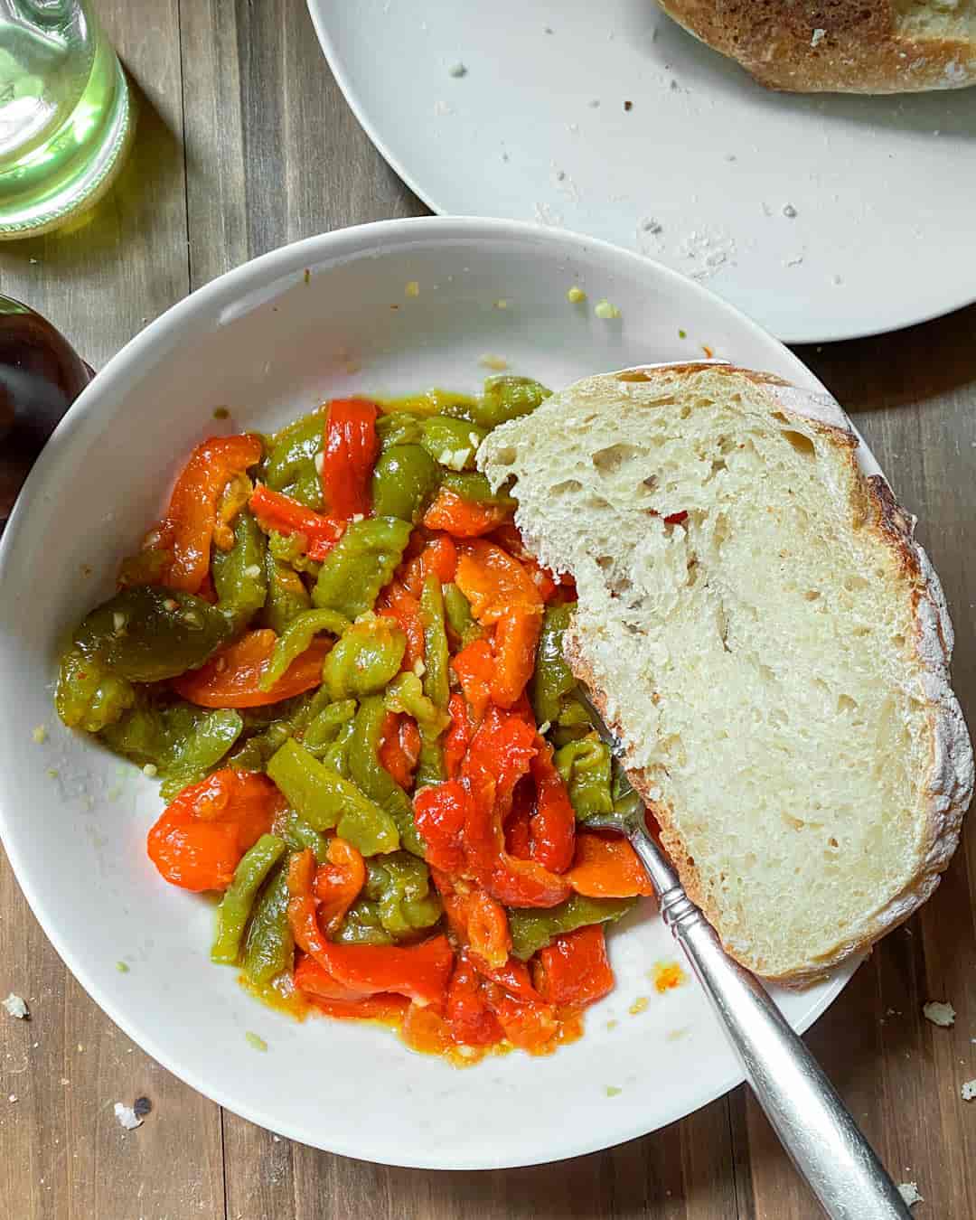 Roasted Peppers in a Bowl With Bread