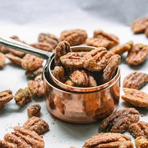 Maple Glazed Pecans in a Measuring Cup