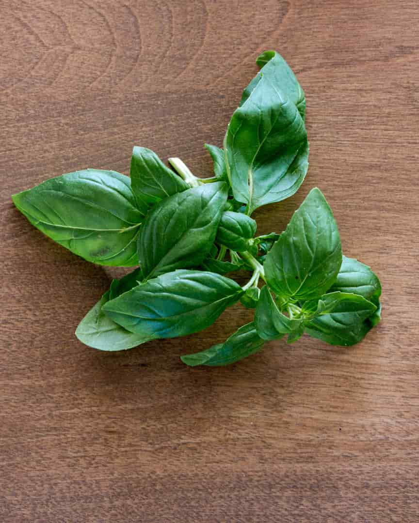 bunch of fresh basil laying flat on a table
