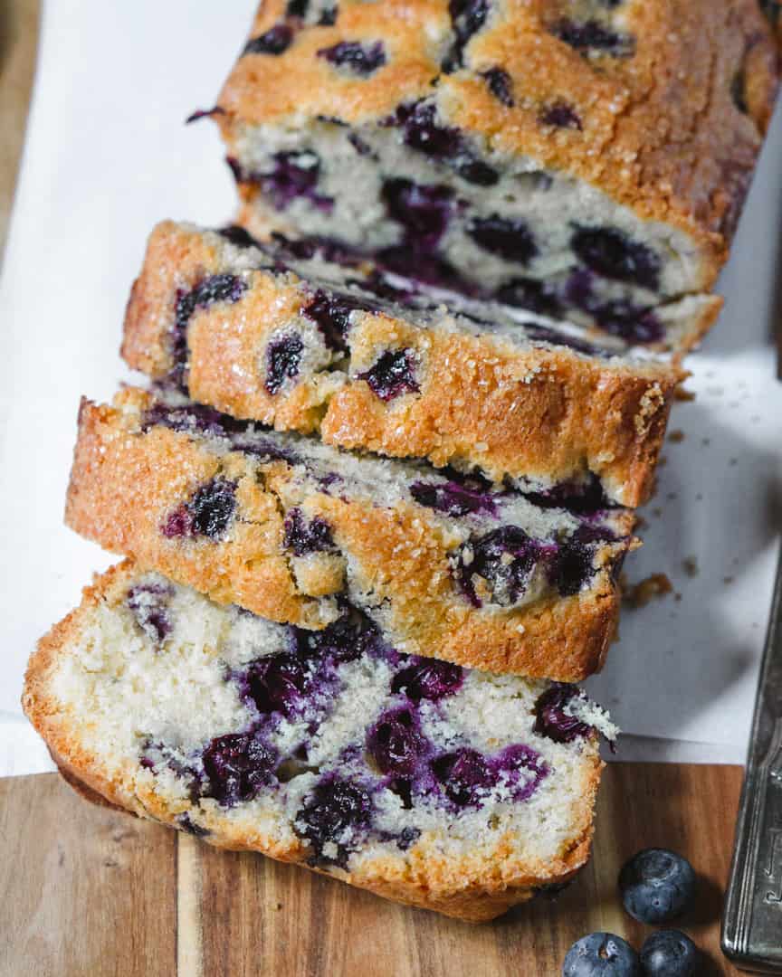 Sliced blueberry loaf cake