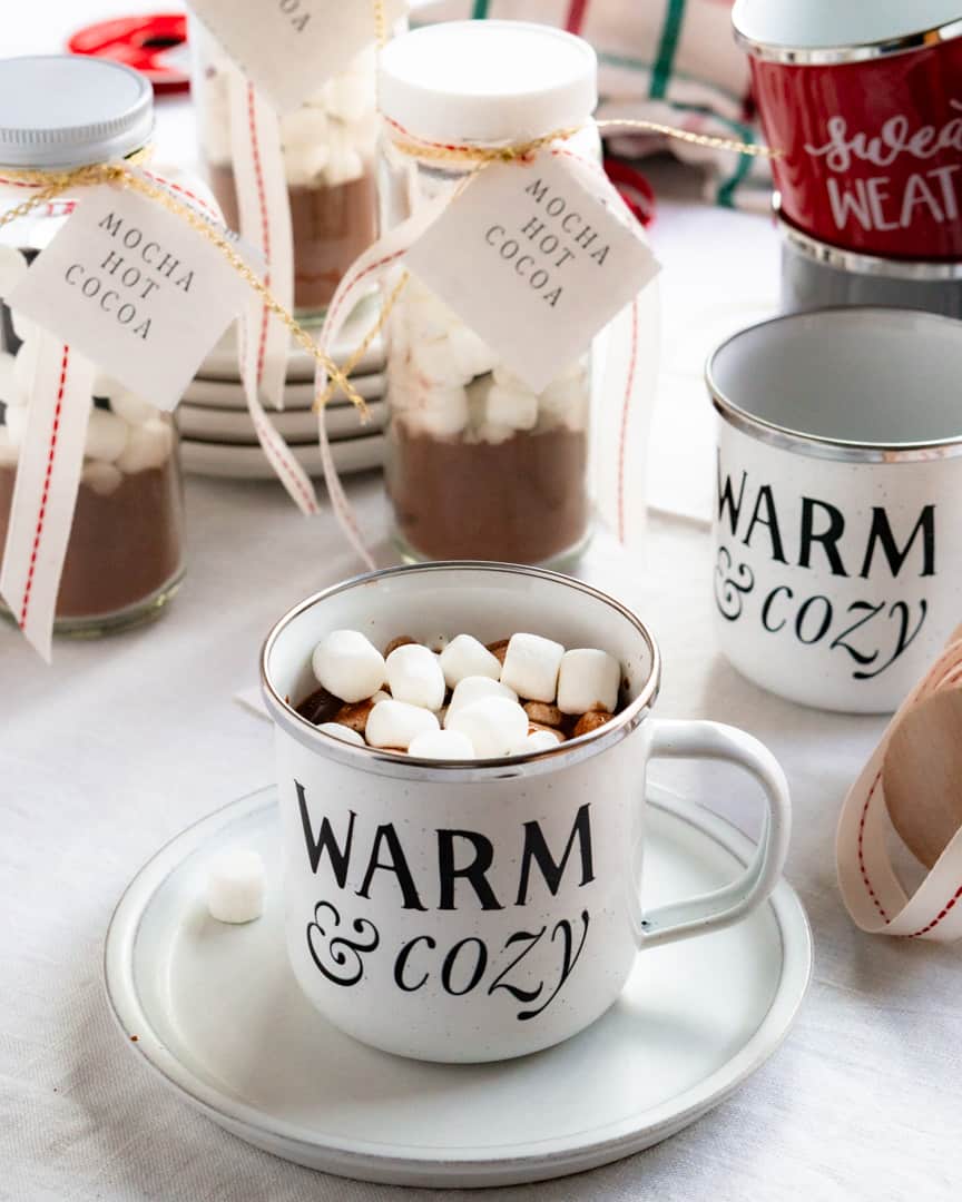 A mug of hot cocoa with marshmallows on top and cocoa mix in jars to gift behind it.