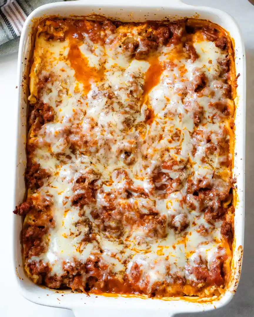 Pan of baked lasagna.