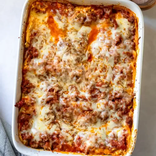 A pan of baked lasagna.