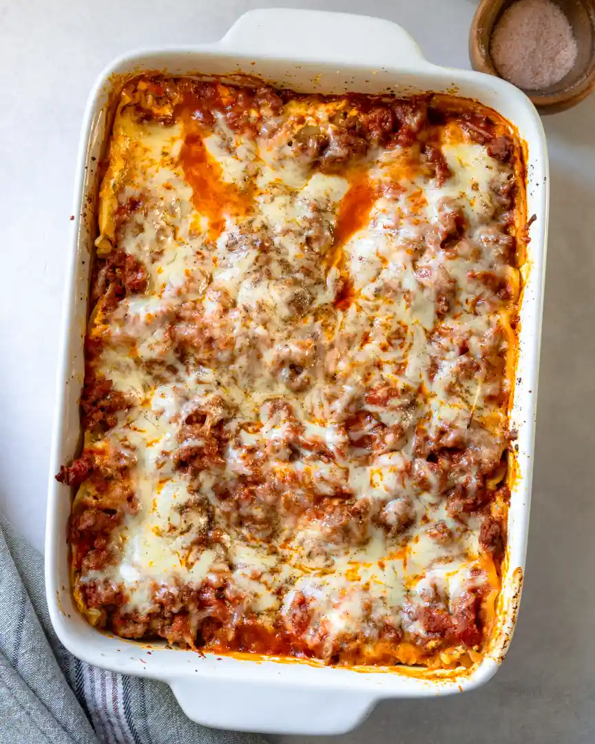 A pan of baked lasagna.