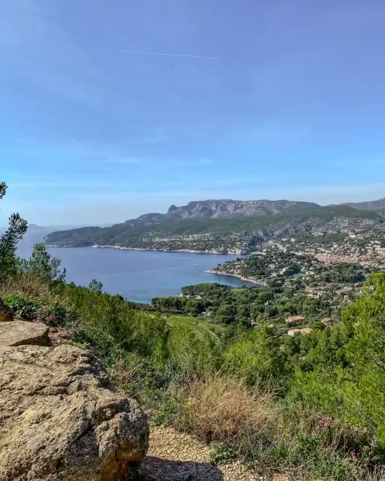 A view of the port and surround area of Cassis from the top of a mountain.
