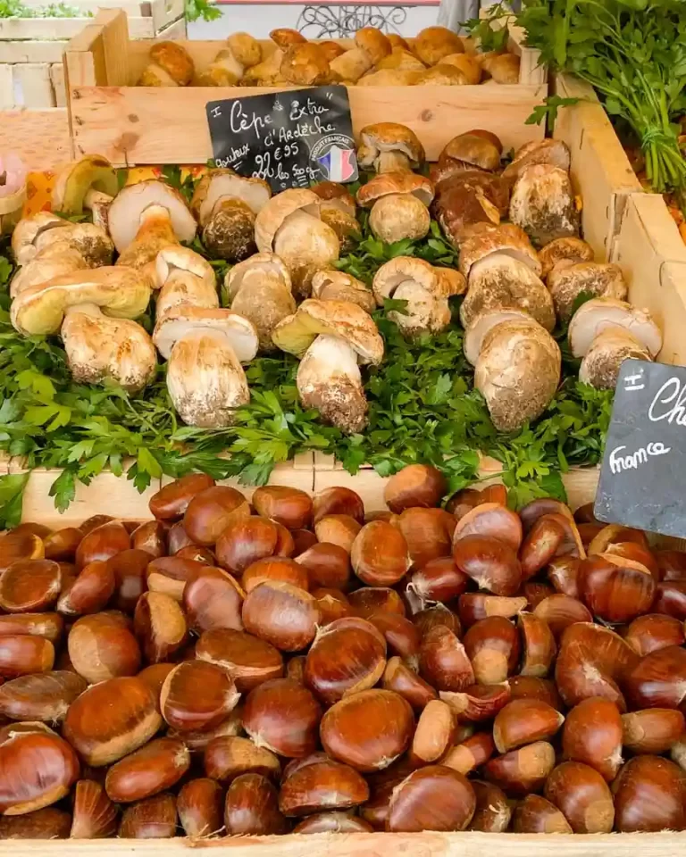Mushrooms and chestnuts on display in an outdoor market.