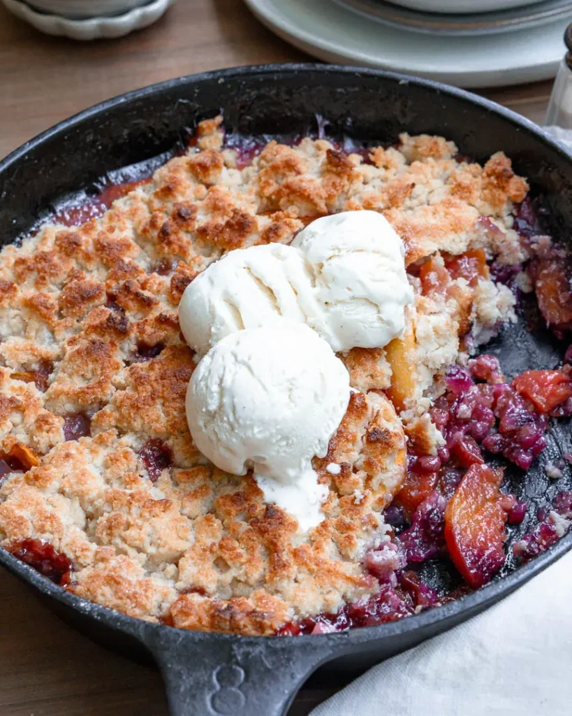 Blueberry peach cobbler with scoops of ice cream on top of it.