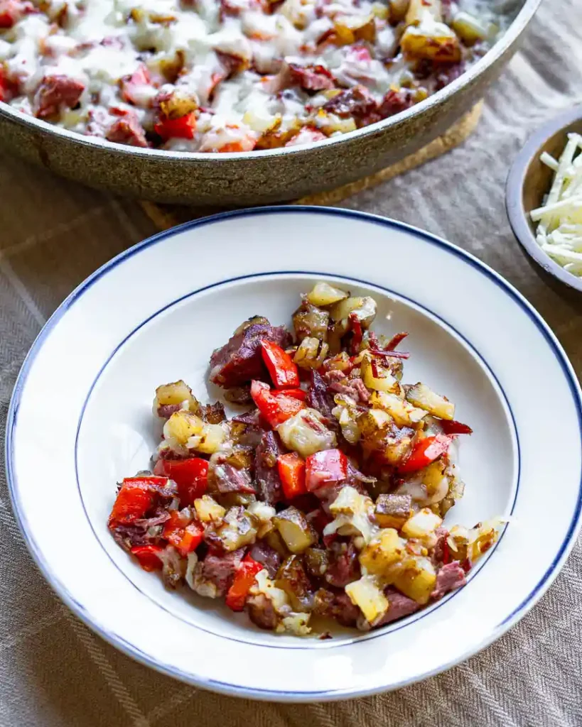 Corned beef hash in a bowl.